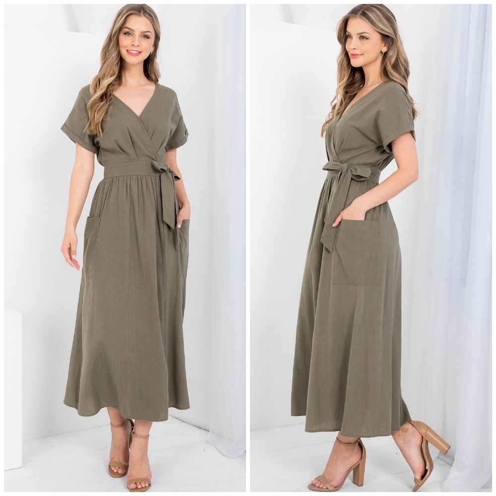 LAST ONE❗ILLA ILLA Chic Olive Surplice Wrap Around Midi Dress - Picture 6 of 10